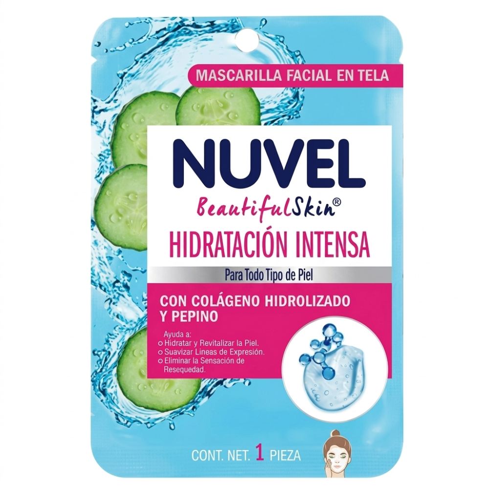 [790610] Nuvel Mascarilla Facial En Tela Colágeno Hidrolizado Y Pepino "Hidratación Intensa" 1Und